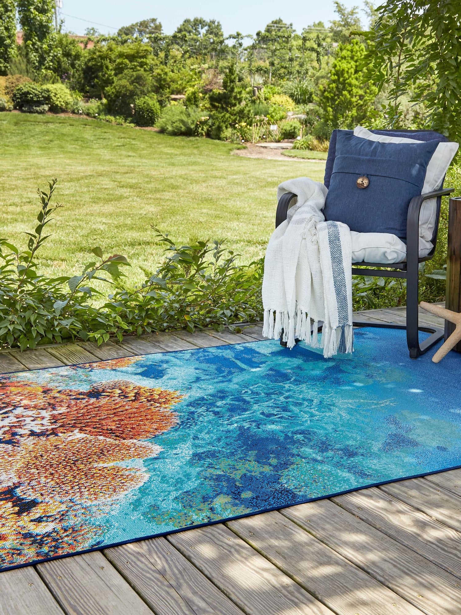 Multicolor 7' 10 x 10' Outdoor Coastal Rectangle Area Rug Weather Resistant for Patio, Deck, Terrace, Balcony, Porch