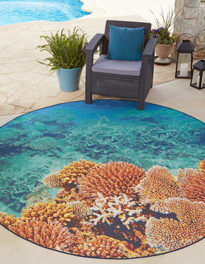 Multicolor 7' 10 x 7' 10 Outdoor Coastal Round Area Rug Weather Resistant for Patio, Deck, Terrace, Balcony, Porch 100% Polypropylene Coastal Decor Carpet for Sale at Rug Engine