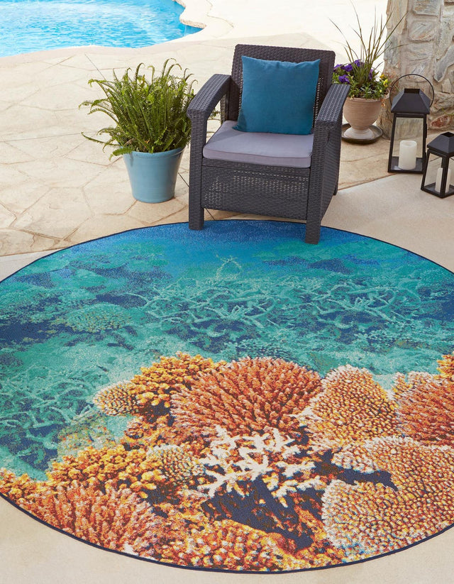 Multicolor 7' 10 x 7' 10 Outdoor Coastal Round Area Rug Weather Resistant for Patio, Deck, Terrace, Balcony, Porch 100% Polypropylene Coastal Decor Carpet for Sale at Rug Engine