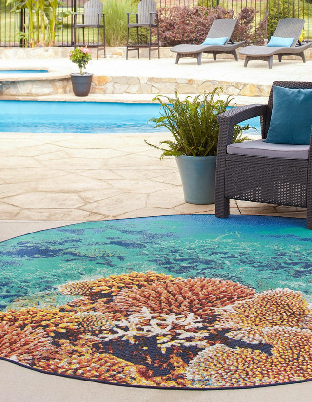 Multicolor 7' 10 x 7' 10 Outdoor Coastal Round Area Rug Weather Resistant for Patio, Deck, Terrace, Balcony, Porch 100% Polypropylene Coastal Decor Carpet for Sale at Rug Engine