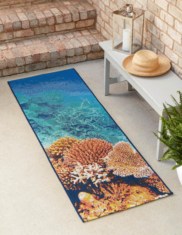 Multicolor 2' x 6' Outdoor Coastal Runner Area Rug Weather Resistant for Patio, Deck, Terrace, Balcony, Porch 100% Polypropylene Coastal Decor Carpet for Sale at Rug Engine