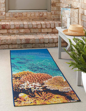 Multicolor 2' 7 x 5' 3 Outdoor Coastal Runner Area Rug Weather Resistant for Patio, Deck, Terrace, Balcony, Porch 100% Polypropylene Coastal Decor Carpet for Sale at Rug Engine