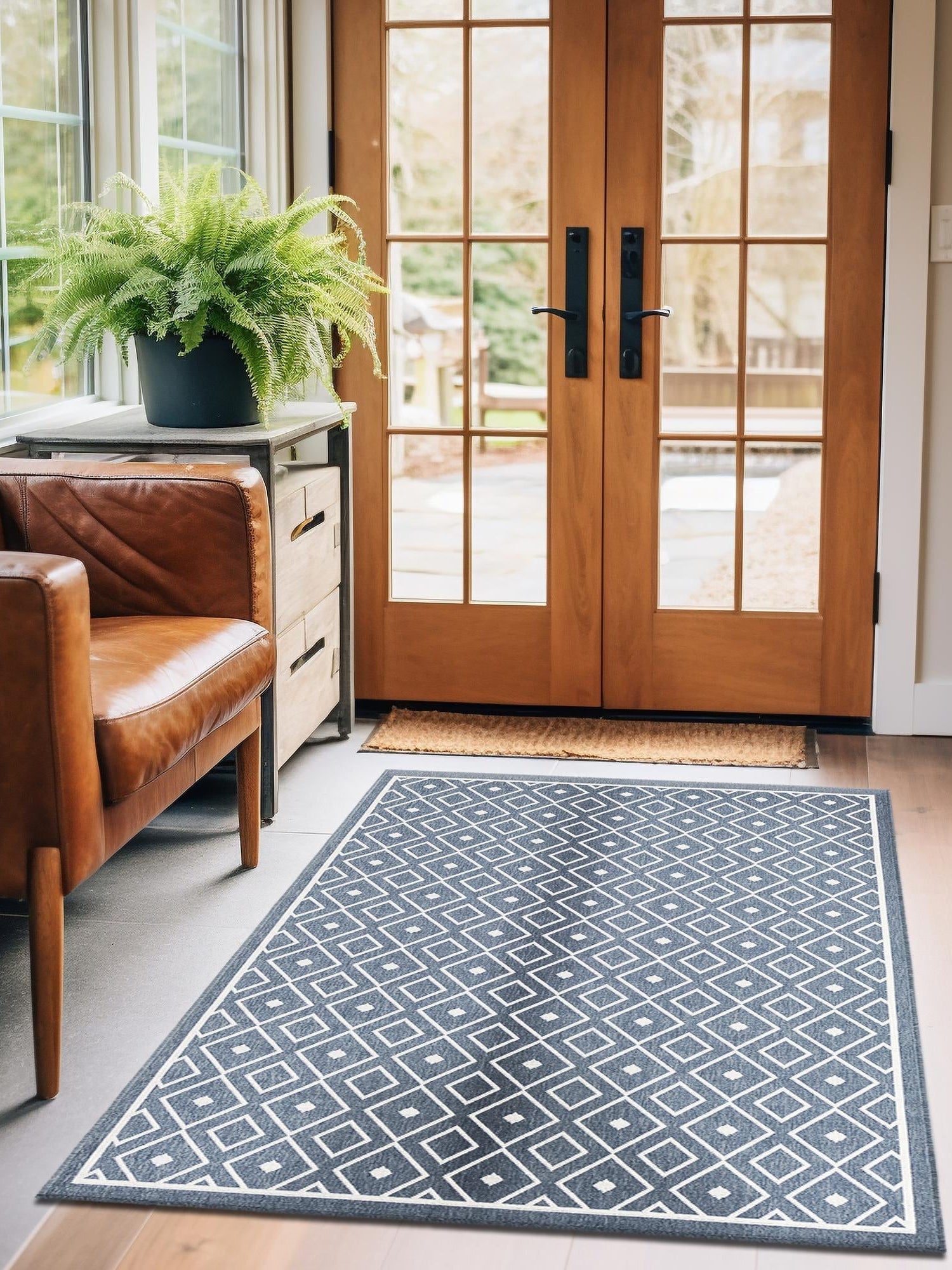 Navy Blue 9' x 12' Outdoor Trellis Rectangle Area Rug Weather Resistant for Patio, Deck, Terrace, Balcony, Porch Geometric Design Water Safe Outside Carpet for Sale at Rug Engine