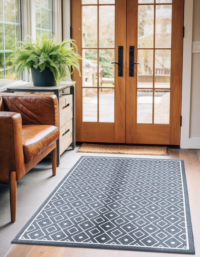 Navy Blue 9' x 12' Outdoor Trellis Rectangle Area Rug Weather Resistant for Patio, Deck, Terrace, Balcony, Porch Geometric Design Water Safe Outside Carpet for Sale at Rug Engine