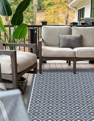 Navy Blue 9' x 12' Outdoor Trellis Rectangle Area Rug Weather Resistant for Patio, Deck, Terrace, Balcony, Porch Geometric Design Water Safe Outside Carpet for Sale at Rug Engine