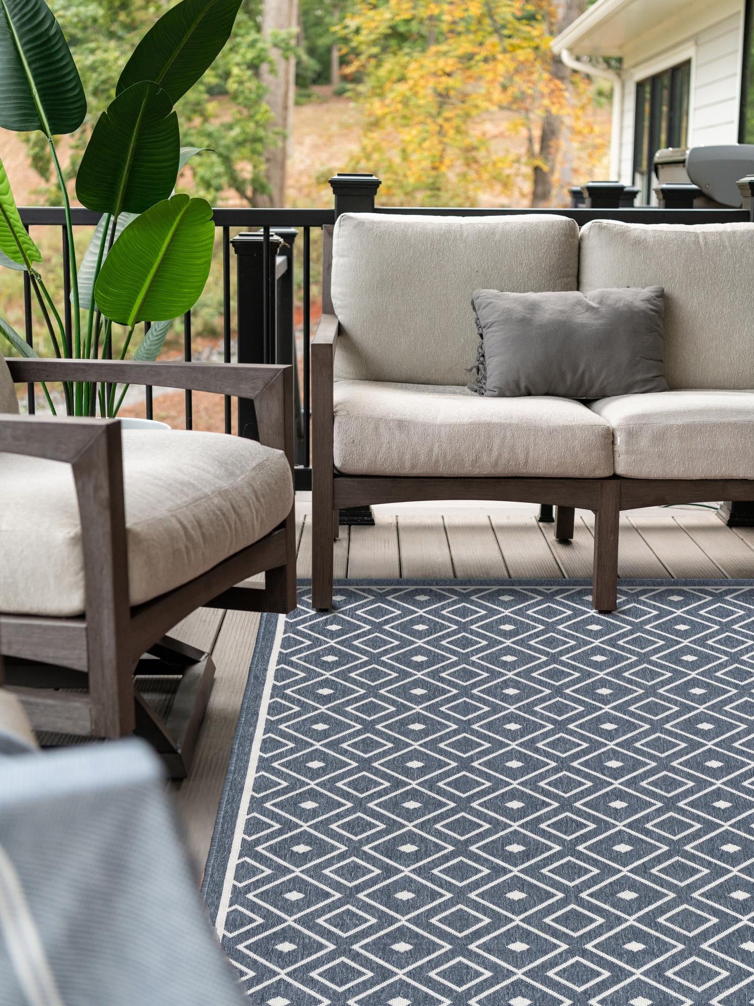 Navy Blue 6' x 9' Outdoor Trellis Rectangle Area Rug Weather Resistant for Patio, Deck, Terrace, Balcony, Porch Geometric Design Water Safe Outside Carpet for Sale at Rug Engine