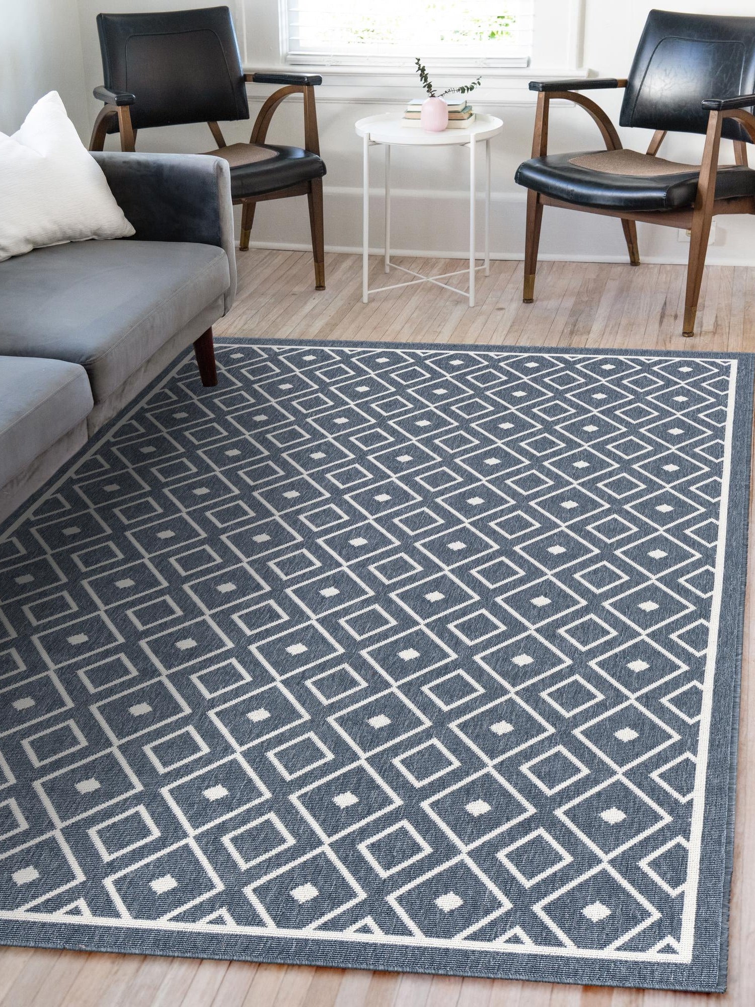 Navy Blue 7' 10 x 10' Outdoor Trellis Rectangle Area Rug Weather Resistant for Patio, Deck, Terrace, Balcony, Porch Geometric Design Water Safe Outside Carpet for Sale at Rug Engine