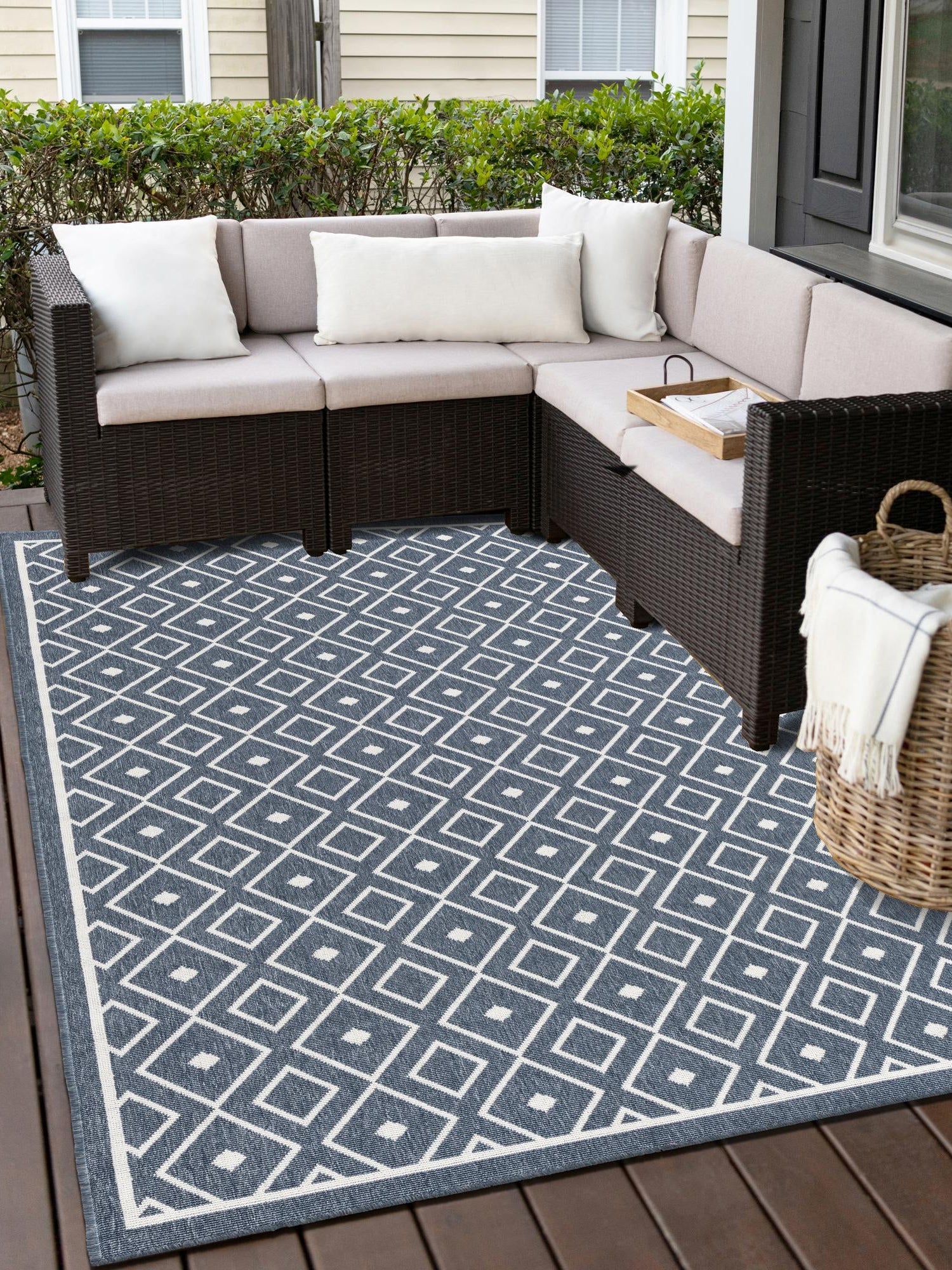 Navy Blue 7' 10 x 10' Outdoor Trellis Rectangle Area Rug Weather Resistant for Patio, Deck, Terrace, Balcony, Porch Geometric Design Water Safe Outside Carpet for Sale at Rug Engine