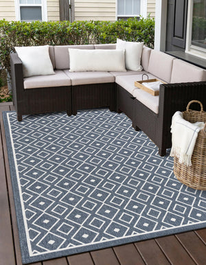 Navy Blue 9' x 12' Outdoor Trellis Rectangle Area Rug Weather Resistant for Patio, Deck, Terrace, Balcony, Porch Geometric Design Water Safe Outside Carpet for Sale at Rug Engine