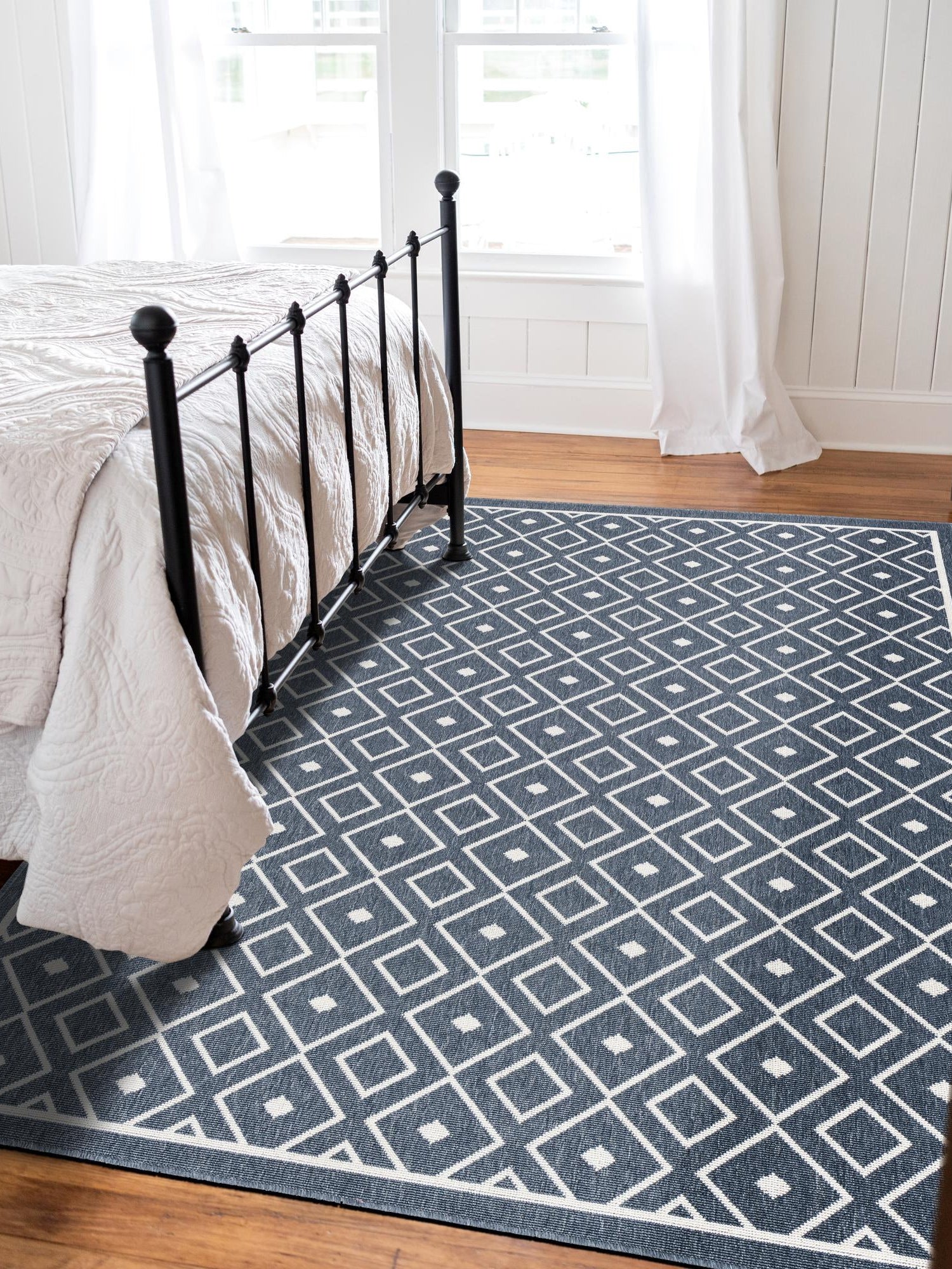 Navy Blue 6' x 9' Outdoor Trellis Rectangle Area Rug Weather Resistant for Patio, Deck, Terrace, Balcony, Porch Geometric Design Water Safe Outside Carpet for Sale at Rug Engine