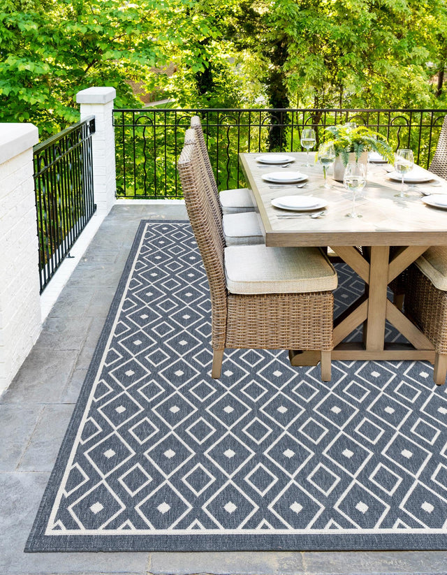 Navy Blue 9' x 12' Outdoor Trellis Rectangle Area Rug Weather Resistant for Patio, Deck, Terrace, Balcony, Porch Geometric Design Water Safe Outside Carpet for Sale at Rug Engine
