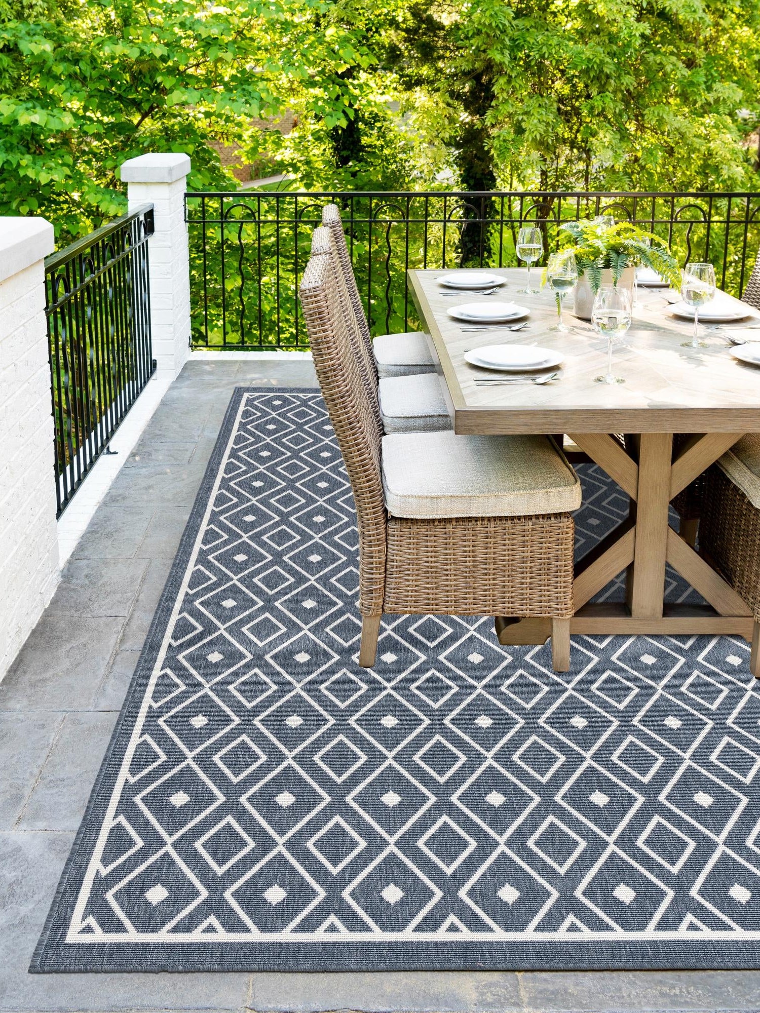 Navy Blue 7' 10 x 10' Outdoor Trellis Rectangle Area Rug Weather Resistant for Patio, Deck, Terrace, Balcony, Porch Geometric Design Water Safe Outside Carpet for Sale at Rug Engine