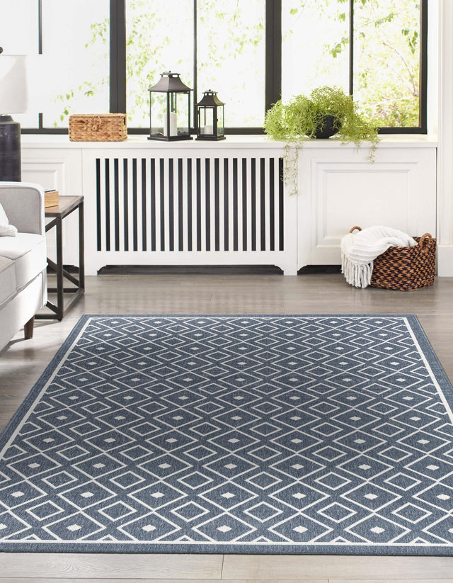 Navy Blue 9' x 12' Outdoor Trellis Rectangle Area Rug Weather Resistant for Patio, Deck, Terrace, Balcony, Porch Geometric Design Water Safe Outside Carpet for Sale at Rug Engine
