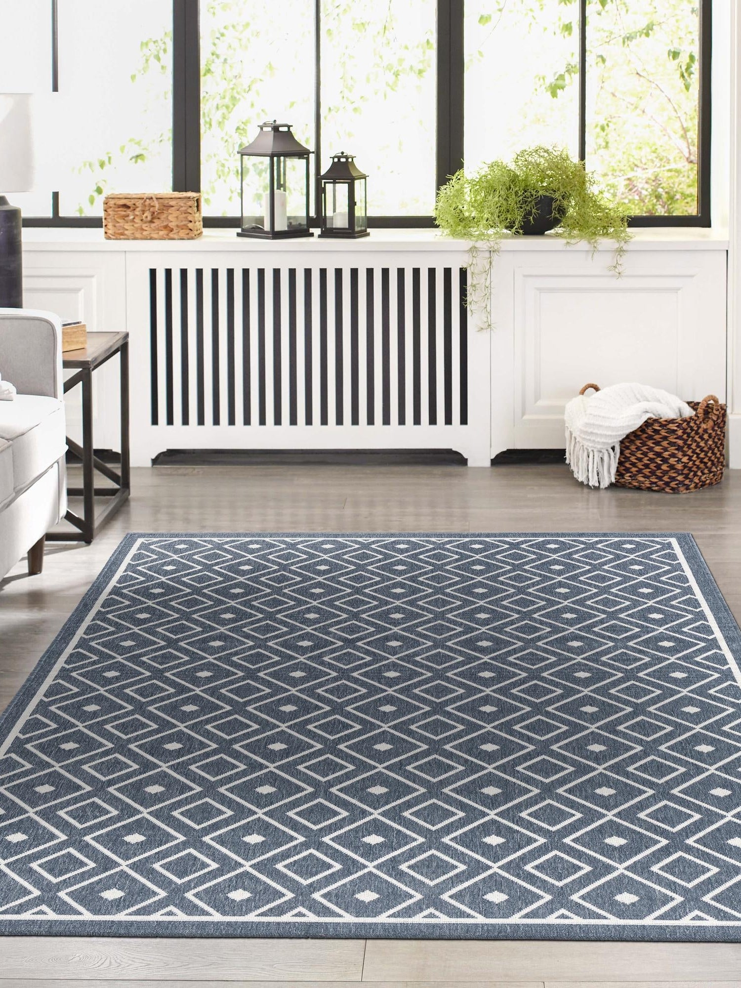 Navy Blue 7' 10 x 10' Outdoor Trellis Rectangle Area Rug Weather Resistant for Patio, Deck, Terrace, Balcony, Porch Geometric Design Water Safe Outside Carpet for Sale at Rug Engine