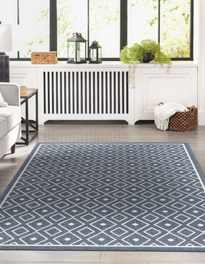 Navy Blue 7' 10 x 10' Outdoor Trellis Rectangle Area Rug Weather Resistant for Patio, Deck, Terrace, Balcony, Porch Geometric Design Water Safe Outside Carpet for Sale at Rug Engine