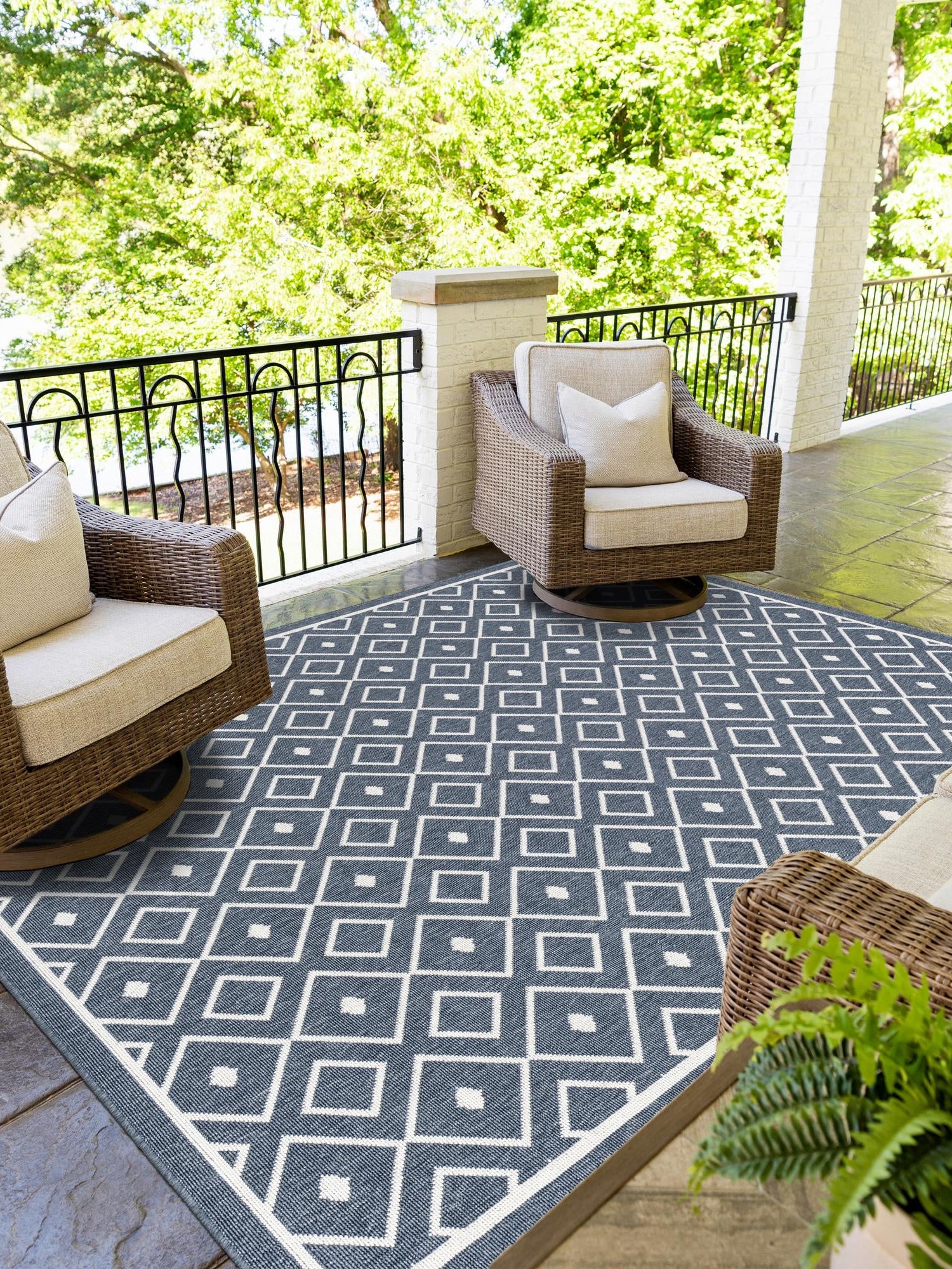 Navy Blue 7' 10 x 10' Outdoor Trellis Rectangle Area Rug Weather Resistant for Patio, Deck, Terrace, Balcony, Porch Geometric Design Water Safe Outside Carpet for Sale at Rug Engine