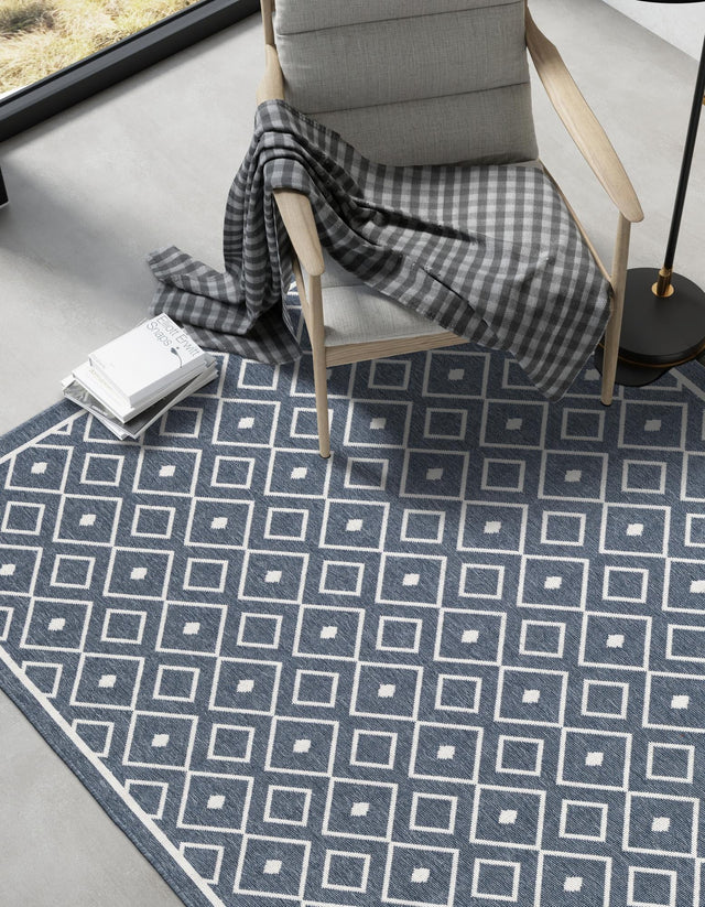 Navy Blue 9' x 12' Outdoor Trellis Rectangle Area Rug Weather Resistant for Patio, Deck, Terrace, Balcony, Porch Geometric Design Water Safe Outside Carpet for Sale at Rug Engine