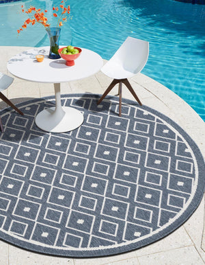 Navy Blue 4' x 4' Outdoor Trellis Round Area Rug Weather Resistant for Patio, Deck, Terrace, Balcony, Porch Geometric Design Water Safe Outside Carpet for Sale at Rug Engine