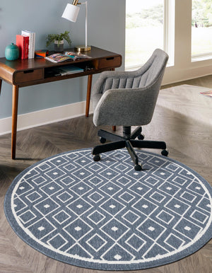 Navy Blue 4' x 4' Outdoor Trellis Round Area Rug Weather Resistant for Patio, Deck, Terrace, Balcony, Porch Geometric Design Water Safe Outside Carpet for Sale at Rug Engine