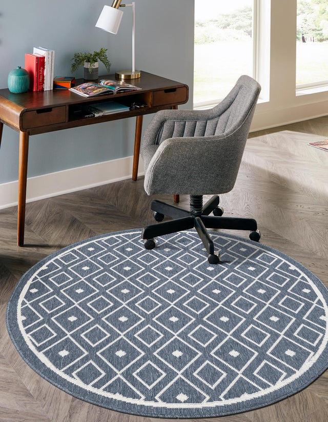 Navy Blue 4' x 4' Outdoor Trellis Round Area Rug Weather Resistant for Patio, Deck, Terrace, Balcony, Porch Geometric Design Water Safe Outside Carpet for Sale at Rug Engine
