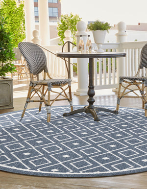 Navy Blue 4' x 4' Outdoor Trellis Round Area Rug Weather Resistant for Patio, Deck, Terrace, Balcony, Porch Geometric Design Water Safe Outside Carpet for Sale at Rug Engine