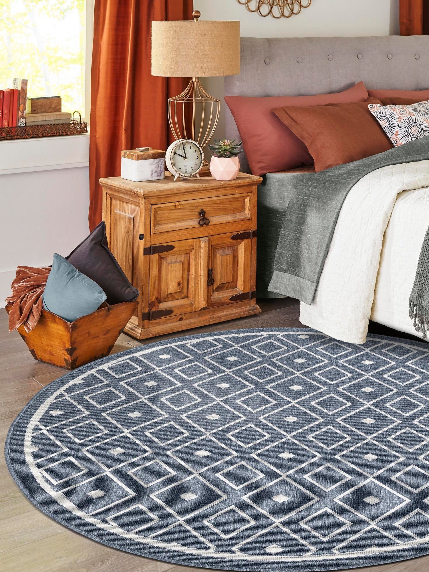 Navy Blue 7' x 7' Outdoor Trellis Round Area Rug Weather Resistant for Patio, Deck, Terrace, Balcony, Porch Geometric Design Water Safe Outside Carpet for Sale at Rug Engine