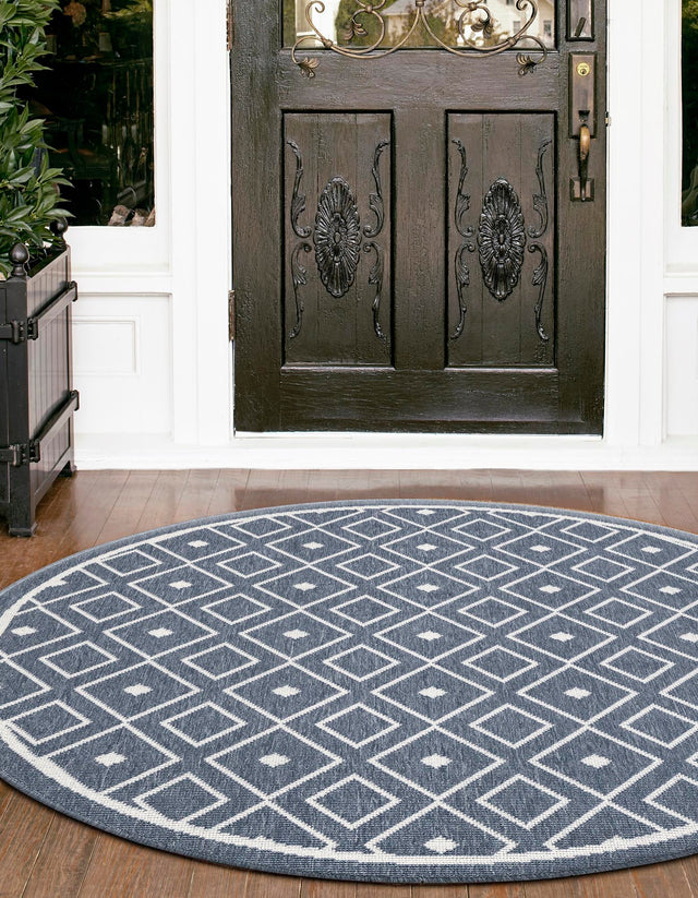 Navy Blue 4' x 4' Outdoor Trellis Round Area Rug Weather Resistant for Patio, Deck, Terrace, Balcony, Porch Geometric Design Water Safe Outside Carpet for Sale at Rug Engine