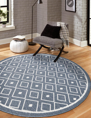 Navy Blue 4' x 4' Outdoor Trellis Round Area Rug Weather Resistant for Patio, Deck, Terrace, Balcony, Porch Geometric Design Water Safe Outside Carpet for Sale at Rug Engine