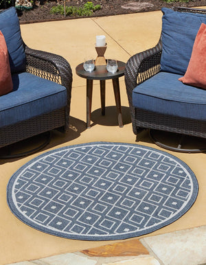 Navy Blue 7' x 7' Outdoor Trellis Round Area Rug Weather Resistant for Patio, Deck, Terrace, Balcony, Porch Geometric Design Water Safe Outside Carpet for Sale at Rug Engine
