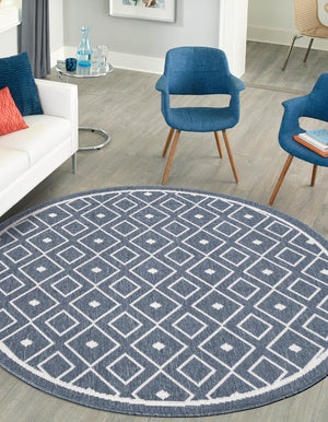 Navy Blue 7' x 7' Outdoor Trellis Round Area Rug Weather Resistant for Patio, Deck, Terrace, Balcony, Porch Geometric Design Water Safe Outside Carpet for Sale at Rug Engine
