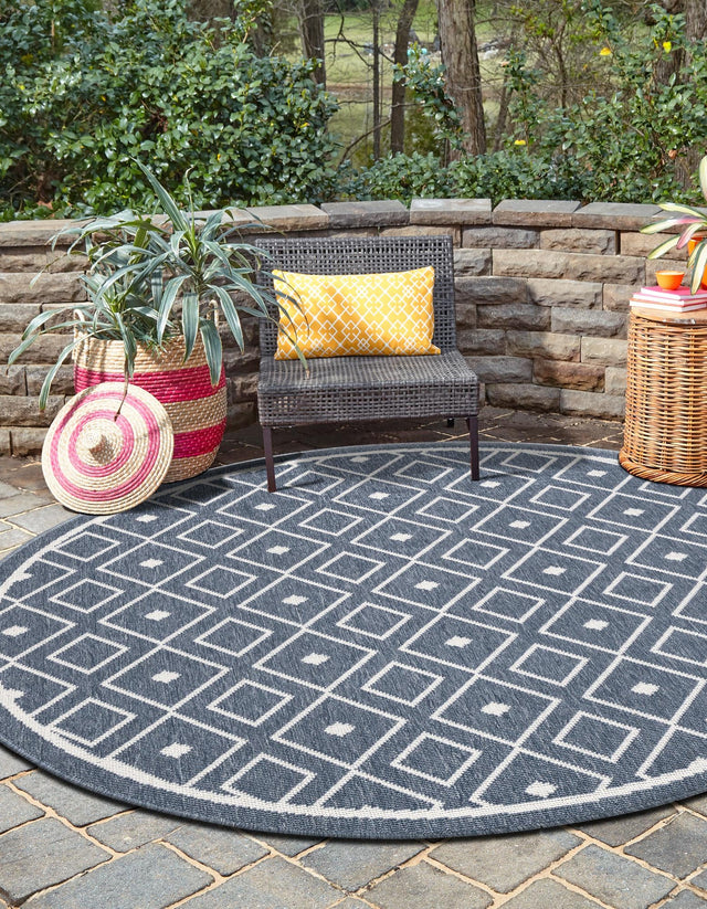 Navy Blue 7' x 7' Outdoor Trellis Round Area Rug Weather Resistant for Patio, Deck, Terrace, Balcony, Porch Geometric Design Water Safe Outside Carpet for Sale at Rug Engine