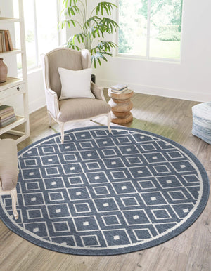 Navy Blue 7' x 7' Outdoor Trellis Round Area Rug Weather Resistant for Patio, Deck, Terrace, Balcony, Porch Geometric Design Water Safe Outside Carpet for Sale at Rug Engine