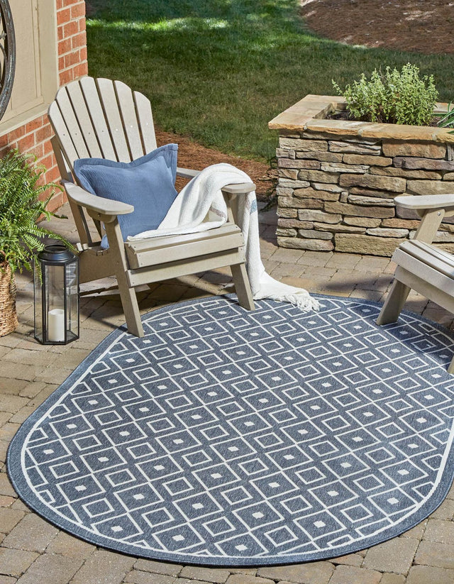 Navy Blue 5' 3 x 8' Outdoor Trellis Oval Area Rug Weather Resistant for Patio, Deck, Terrace, Balcony, Porch Geometric Design Water Safe Outside Carpet for Sale at Rug Engine