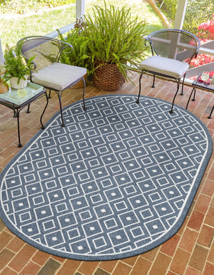 Navy Blue 7' 10 x 10' Outdoor Trellis Oval Area Rug Weather Resistant for Patio, Deck, Terrace, Balcony, Porch Geometric Design Water Safe Outside Carpet for Sale at Rug Engine