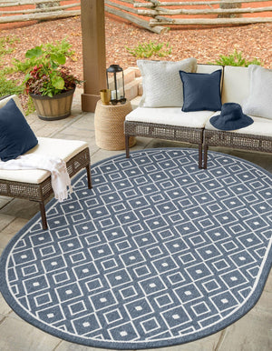 Navy Blue 7' 10 x 10' Outdoor Trellis Oval Area Rug Weather Resistant for Patio, Deck, Terrace, Balcony, Porch Geometric Design Water Safe Outside Carpet for Sale at Rug Engine