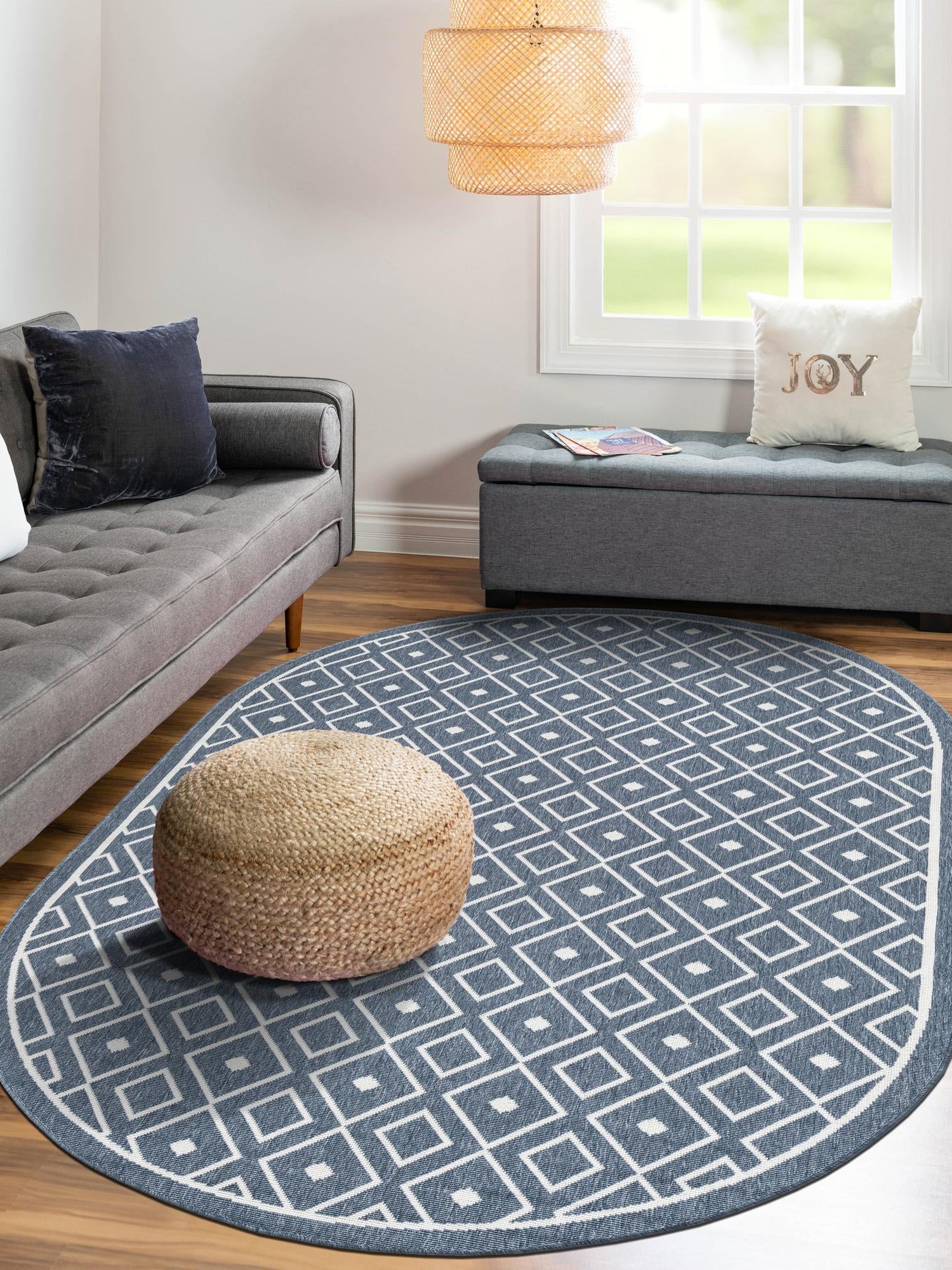Navy Blue 5' 3 x 8' Outdoor Trellis Oval Area Rug Weather Resistant for Patio, Deck, Terrace, Balcony, Porch Geometric Design Water Safe Outside Carpet for Sale at Rug Engine