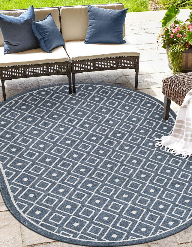 Navy Blue 7' 10 x 10' Outdoor Trellis Oval Area Rug Weather Resistant for Patio, Deck, Terrace, Balcony, Porch Geometric Design Water Safe Outside Carpet for Sale at Rug Engine