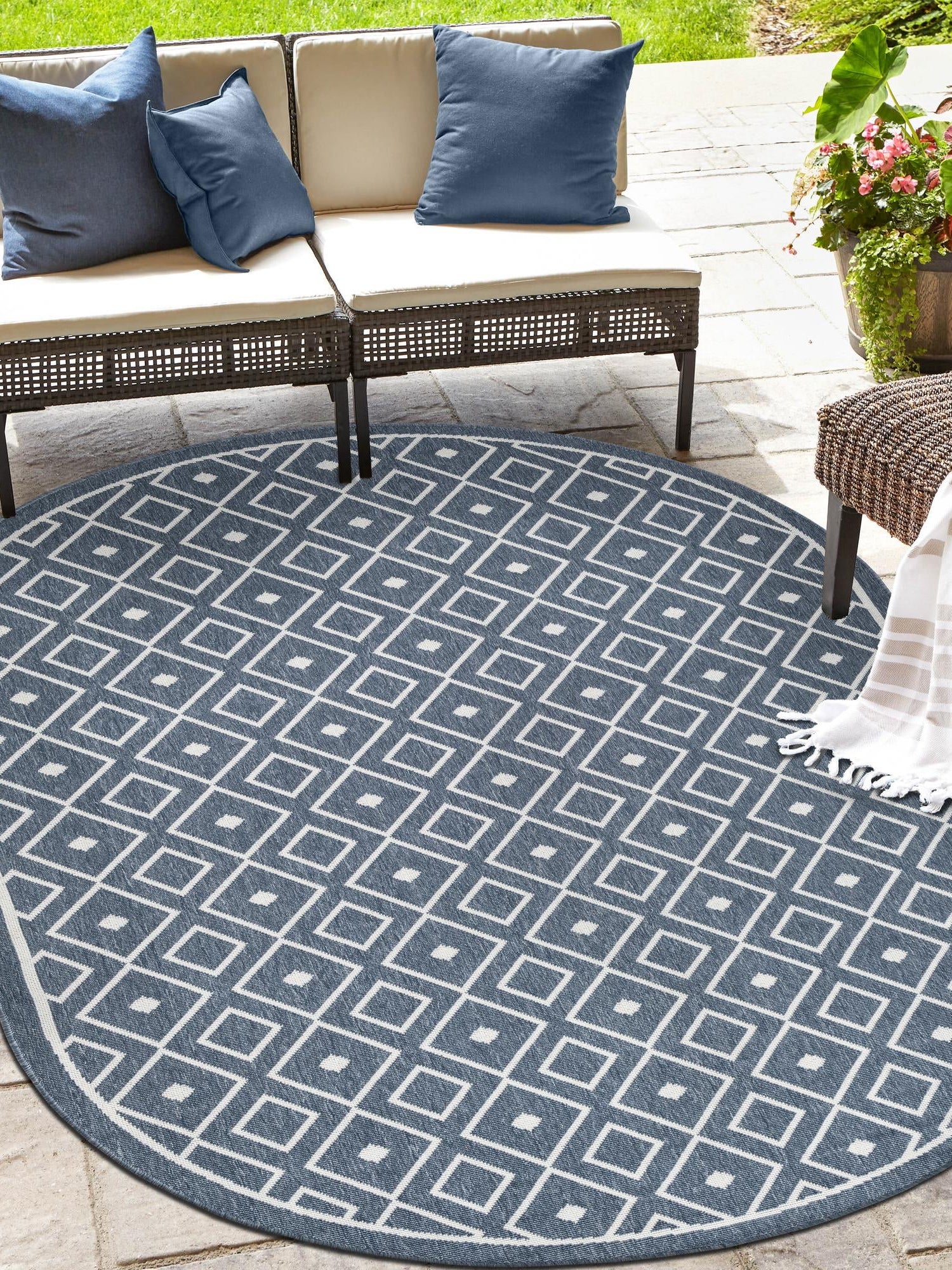 Navy Blue 5' 3 x 8' Outdoor Trellis Oval Area Rug Weather Resistant for Patio, Deck, Terrace, Balcony, Porch Geometric Design Water Safe Outside Carpet for Sale at Rug Engine