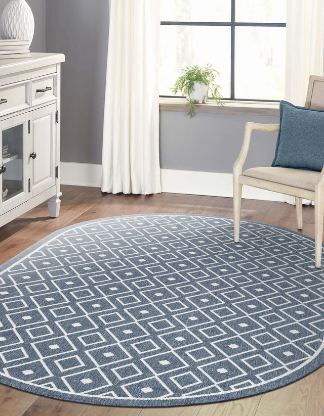 Navy Blue 7' 10 x 10' Outdoor Trellis Oval Area Rug Weather Resistant for Patio, Deck, Terrace, Balcony, Porch Geometric Design Water Safe Outside Carpet for Sale at Rug Engine