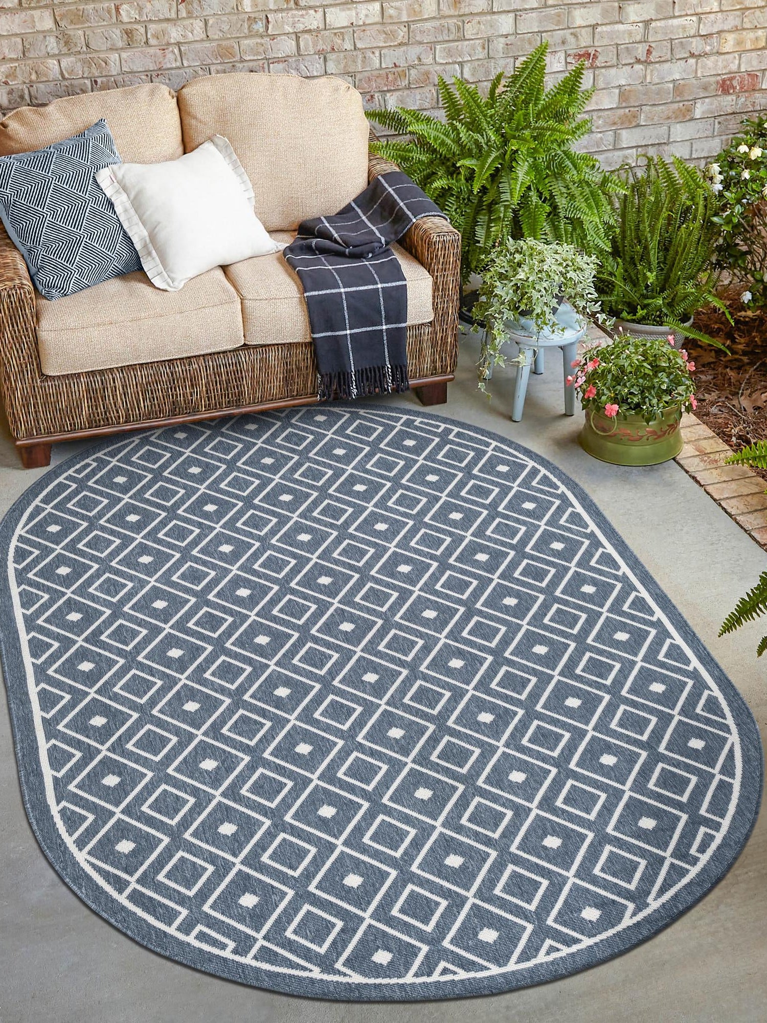 Navy Blue 5' 3 x 8' Outdoor Trellis Oval Area Rug Weather Resistant for Patio, Deck, Terrace, Balcony, Porch Geometric Design Water Safe Outside Carpet for Sale at Rug Engine