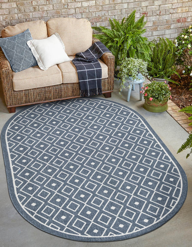 Navy Blue 5' 3 x 8' Outdoor Trellis Oval Area Rug Weather Resistant for Patio, Deck, Terrace, Balcony, Porch Geometric Design Water Safe Outside Carpet for Sale at Rug Engine