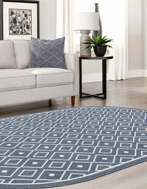 Navy Blue 7' 10 x 10' Outdoor Trellis Oval Area Rug Weather Resistant for Patio, Deck, Terrace, Balcony, Porch Geometric Design Water Safe Outside Carpet for Sale at Rug Engine
