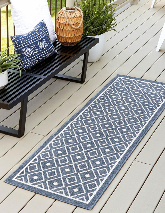 Navy Blue 2' x 8' Outdoor Trellis Runner Area Rug Weather Resistant for Patio, Deck, Terrace, Balcony, Porch Geometric Design Water Safe Outside Carpet for Sale at Rug Engine