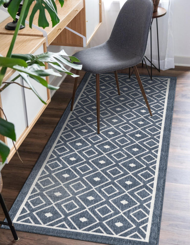 Navy Blue 2' x 8' Outdoor Trellis Runner Area Rug Weather Resistant for Patio, Deck, Terrace, Balcony, Porch Geometric Design Water Safe Outside Carpet for Sale at Rug Engine