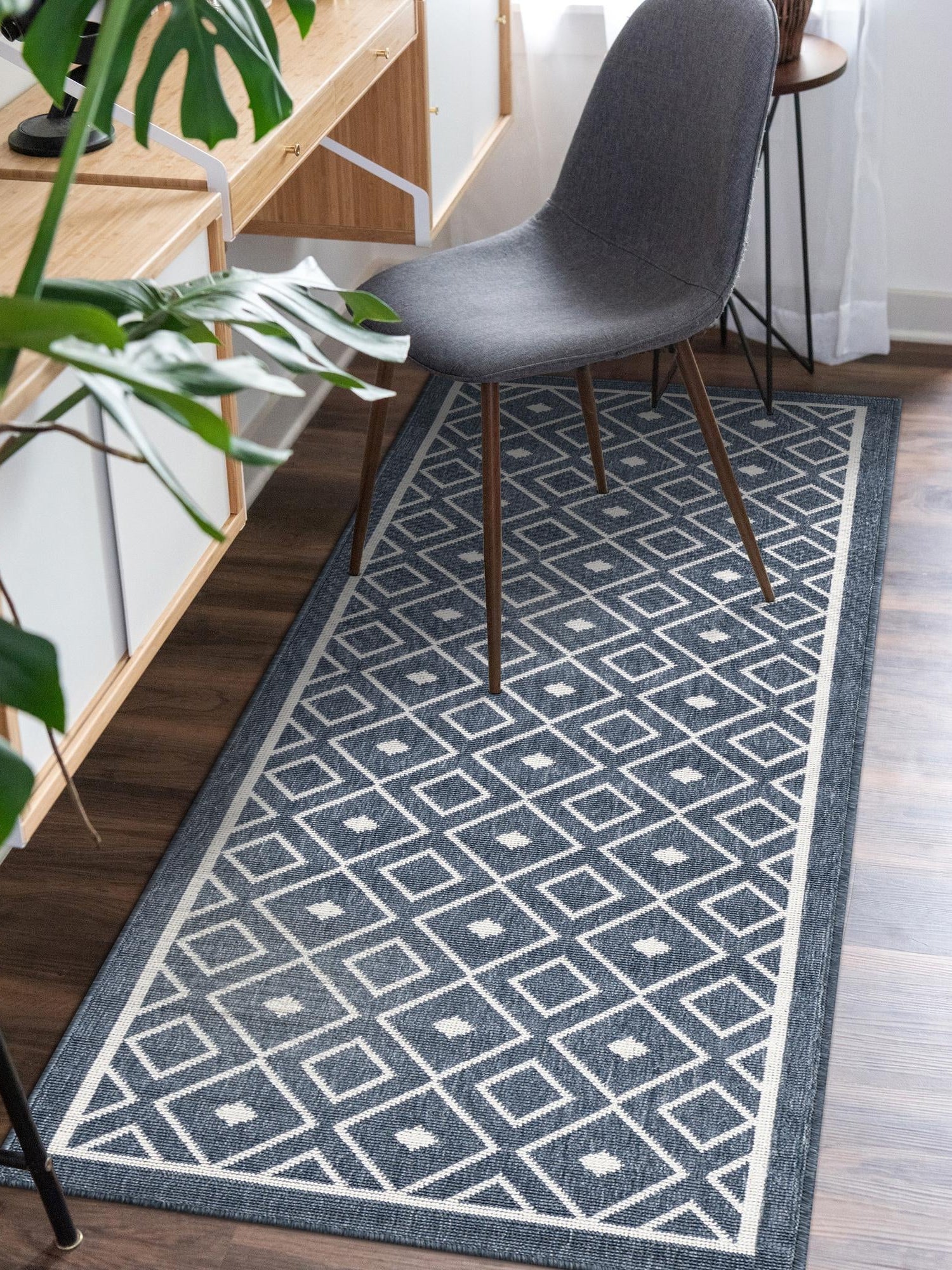 Navy Blue 2' x 6' Outdoor Trellis Runner Area Rug Weather Resistant for Patio, Deck, Terrace, Balcony, Porch Geometric Design Water Safe Outside Carpet for Sale at Rug Engine
