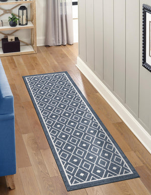Navy Blue 2' x 8' Outdoor Trellis Runner Area Rug Weather Resistant for Patio, Deck, Terrace, Balcony, Porch Geometric Design Water Safe Outside Carpet for Sale at Rug Engine