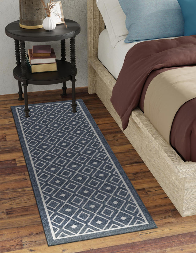Navy Blue 2' x 6' Outdoor Trellis Runner Area Rug Weather Resistant for Patio, Deck, Terrace, Balcony, Porch Geometric Design Water Safe Outside Carpet for Sale at Rug Engine