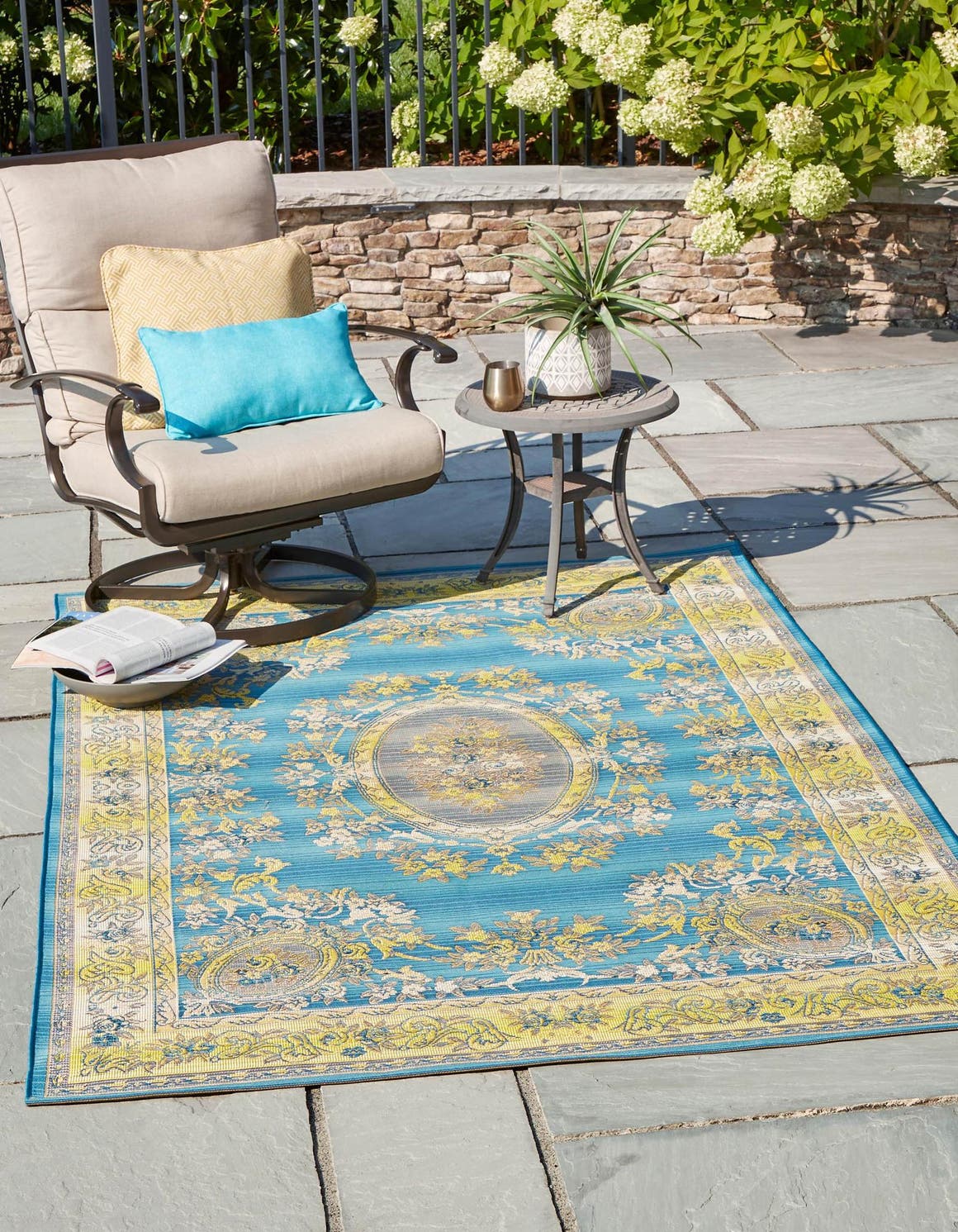 Blue 5' 3 x 8' Outdoor Traditional Rectangle Area Rug Weather Resistant for Patio, Deck, Terrace, Balcony, Porch Classical Design Outside Carpet for Sale at Rug Engine