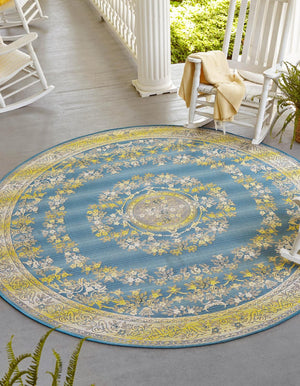 Blue 7' 10 x 7' 10 Outdoor Traditional Round Area Rug Weather Resistant for Patio, Deck, Terrace, Balcony, Porch Classical Design Outside Carpet for Sale at Rug Engine
