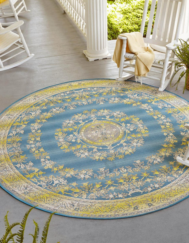 Blue 7' 10 x 7' 10 Outdoor Traditional Round Area Rug Weather Resistant for Patio, Deck, Terrace, Balcony, Porch Classical Design Outside Carpet for Sale at Rug Engine